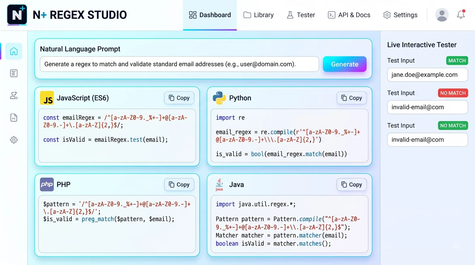 Free AI regex generator showing a plain English request turned into a pattern with highlighted matches