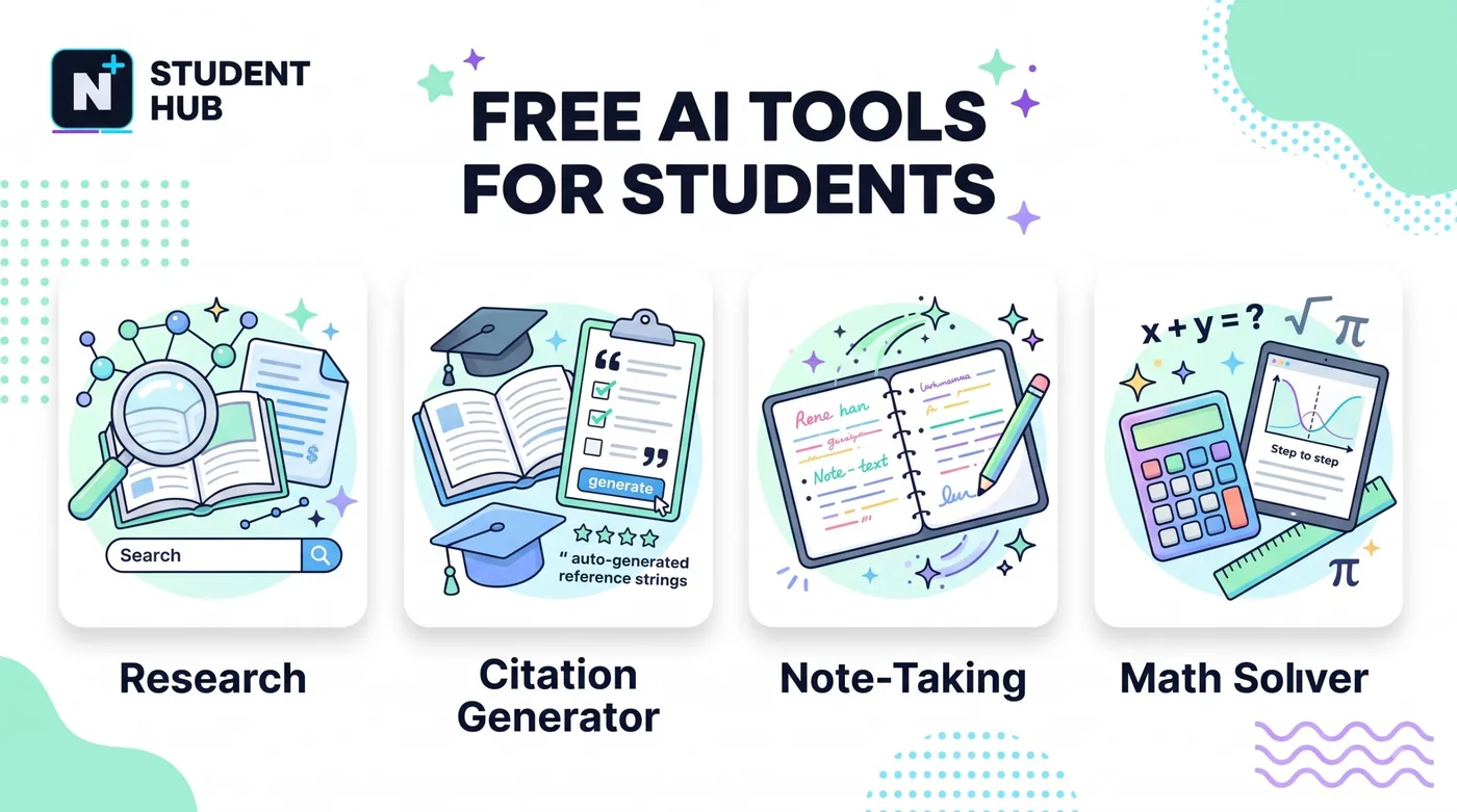 Free AI tools for students arranged by task: notes, research, writing, flashcards and coding