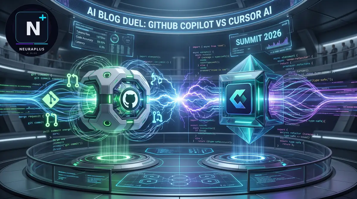 GitHub Copilot vs Cursor AI 2026 comparison showing split screen with GitHub Copilot green logo on left and Cursor AI purple logo on right, both featuring code editors with AI suggestions, chat panels, and inline completions, dark tech background with cyan and purple glowing accents, NeuraPulse AI Blog