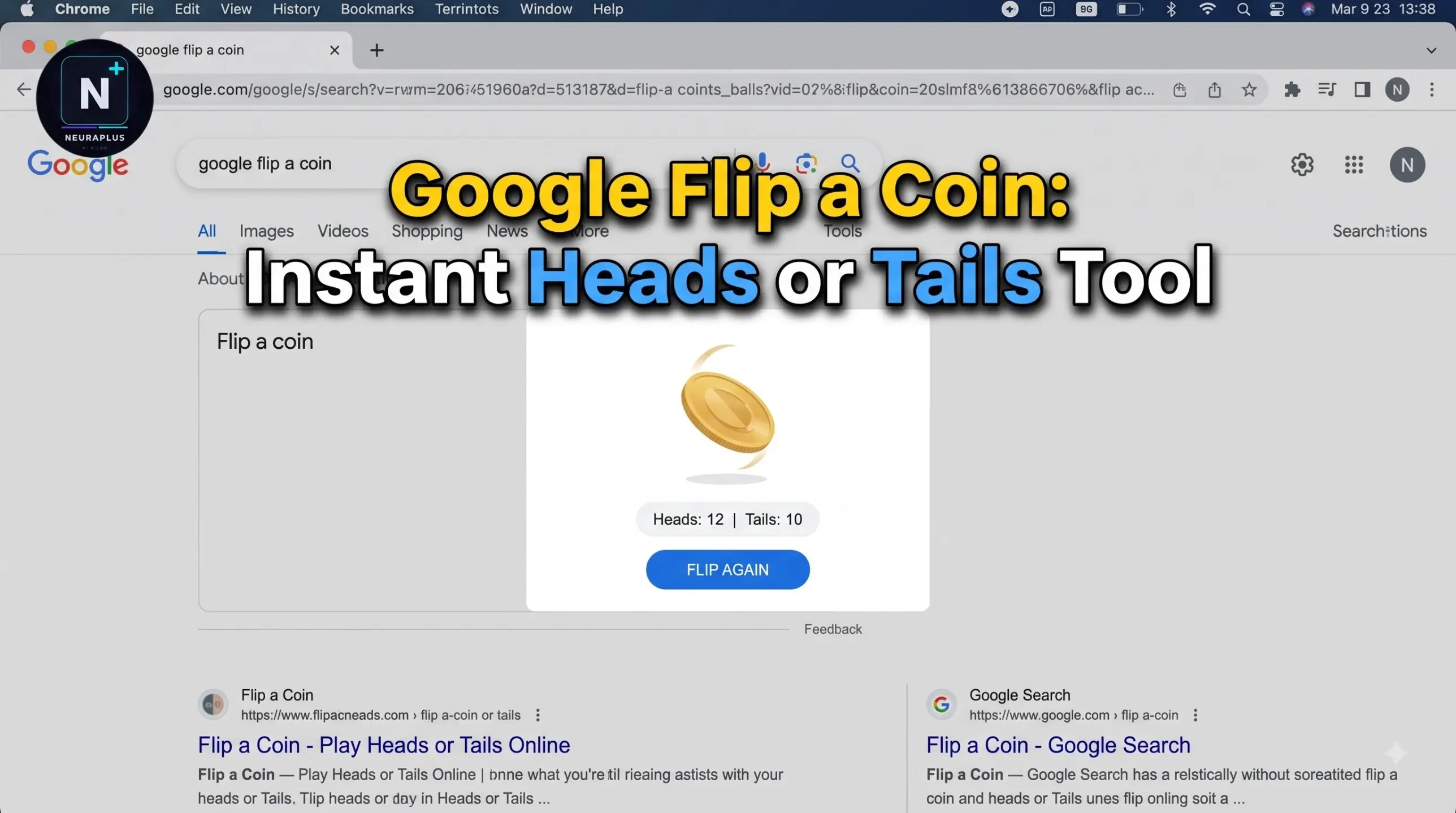 Google flip a coin widget showing a spinning coin with heads and tails results