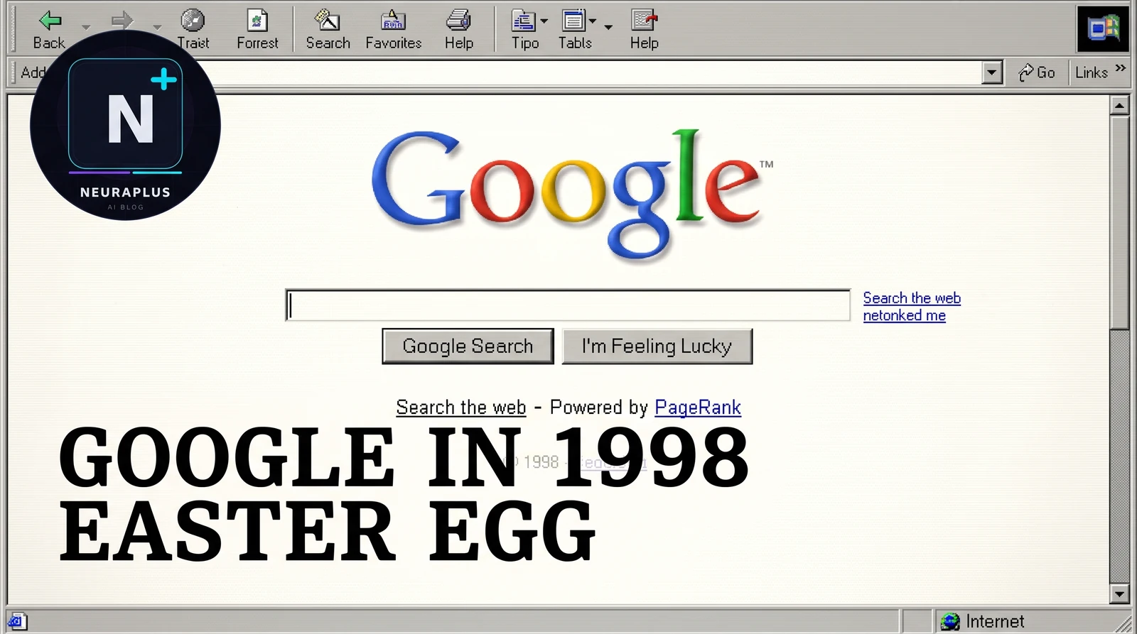 Vintage web browser interface showing the 1998 Google homepage, illustrating the Google in 1998 Easter egg