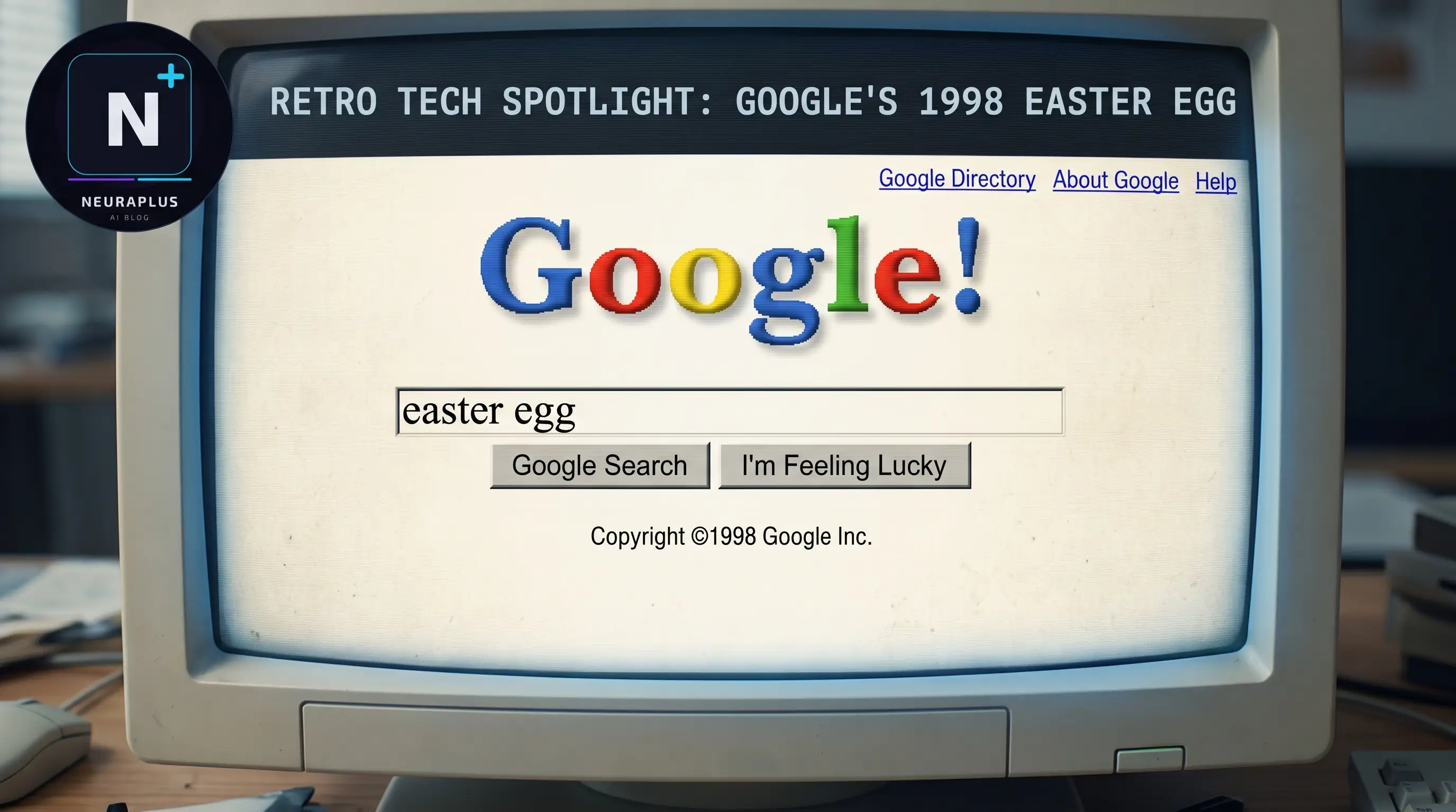 Retro CRT monitor displaying the classic 1998 Google homepage with 'easter egg' typed in the search box
