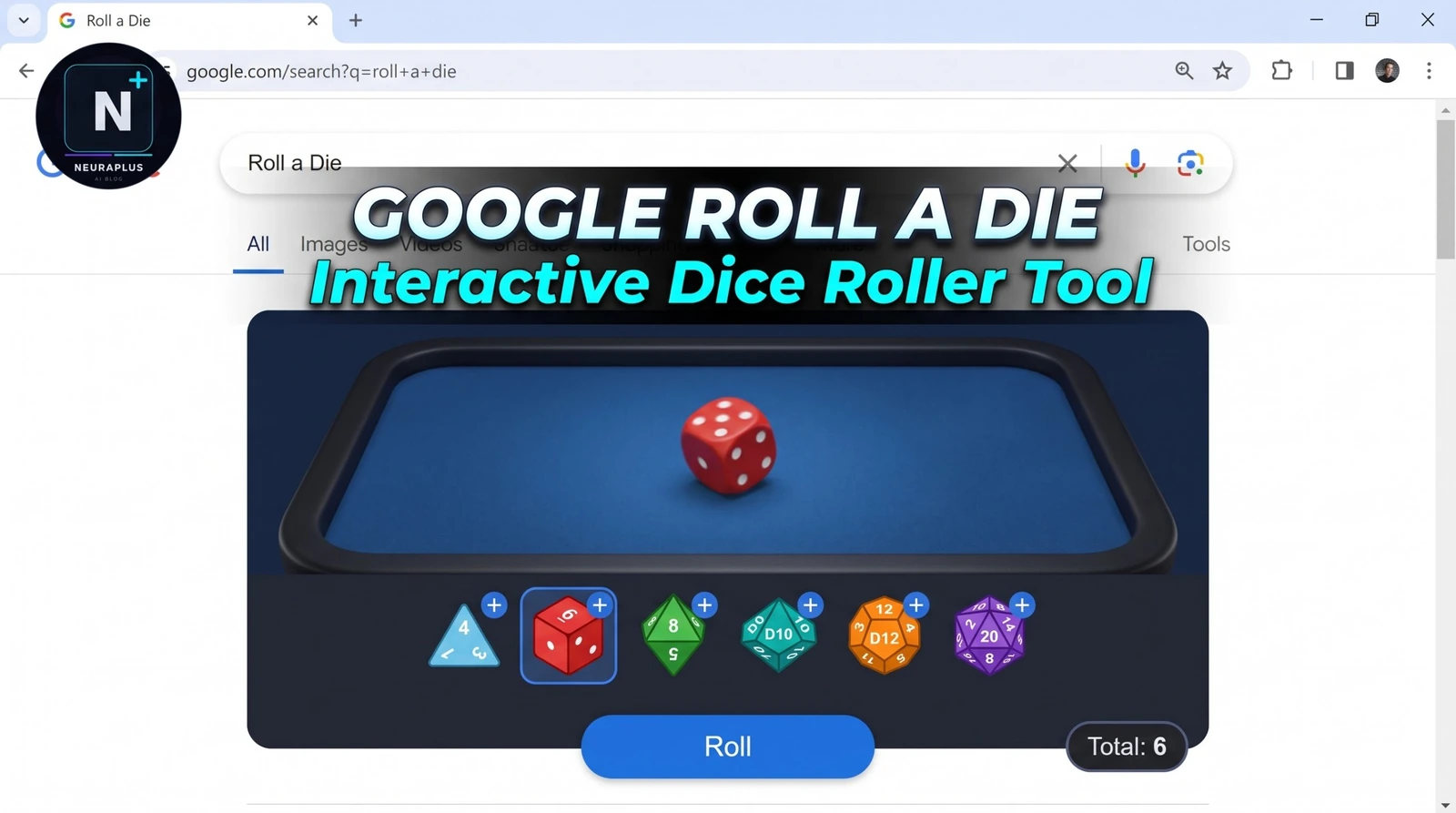 Google roll a dice widget showing the result of a roll
