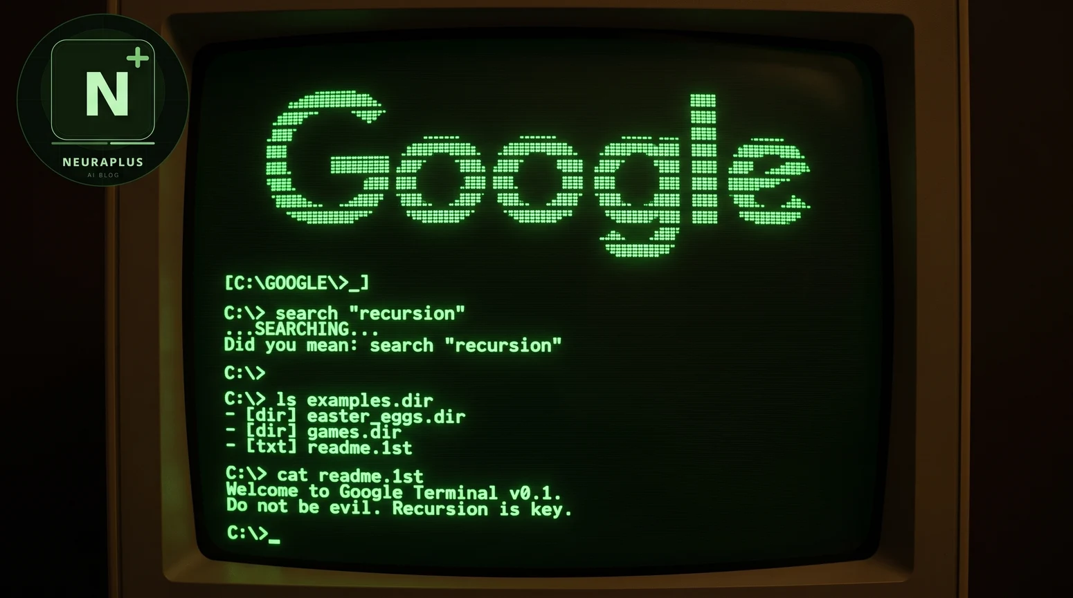 Google Terminal easter egg showing the Google logo rendered in ASCII dot-matrix style above a glowing green command-line interface with a BBS-style boot sequence and search prompt