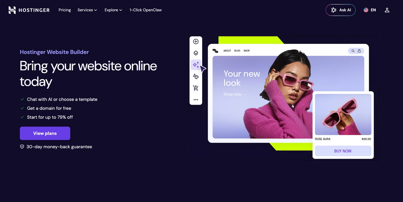 Hostinger website builder homepage with AI chat and template options