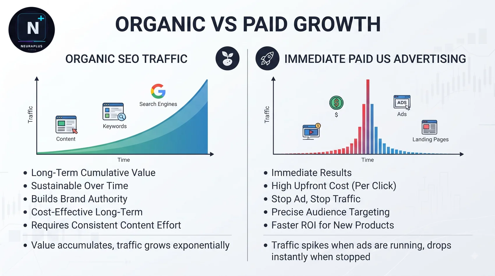 Blog traffic growth curve USA - from 800 to 112K monthly sessions with topic clusters and distribution