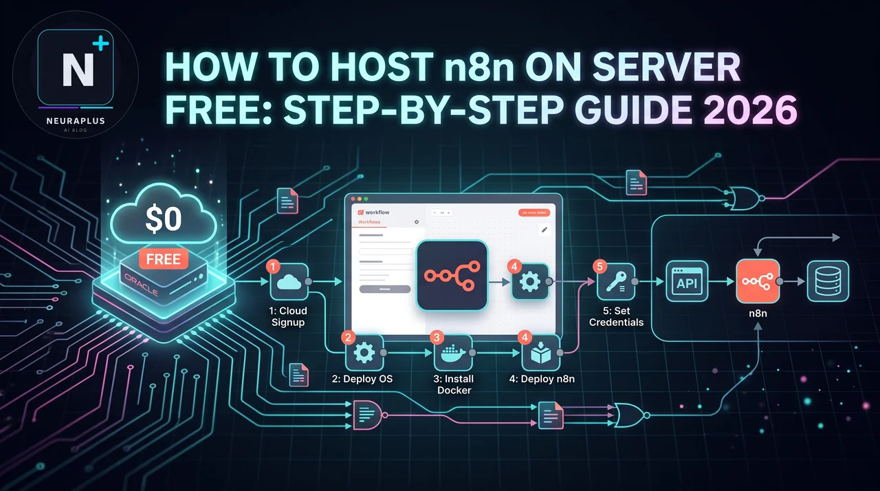 How to host n8n on server free showing complete deployment architecture with Oracle Cloud free VM, Docker container, n8n automation platform, SSL certificate, and PostgreSQL database, featuring glowing cyan and purple connection lines on dark tech background with server rack visualization, NeuraPulse AI Blog