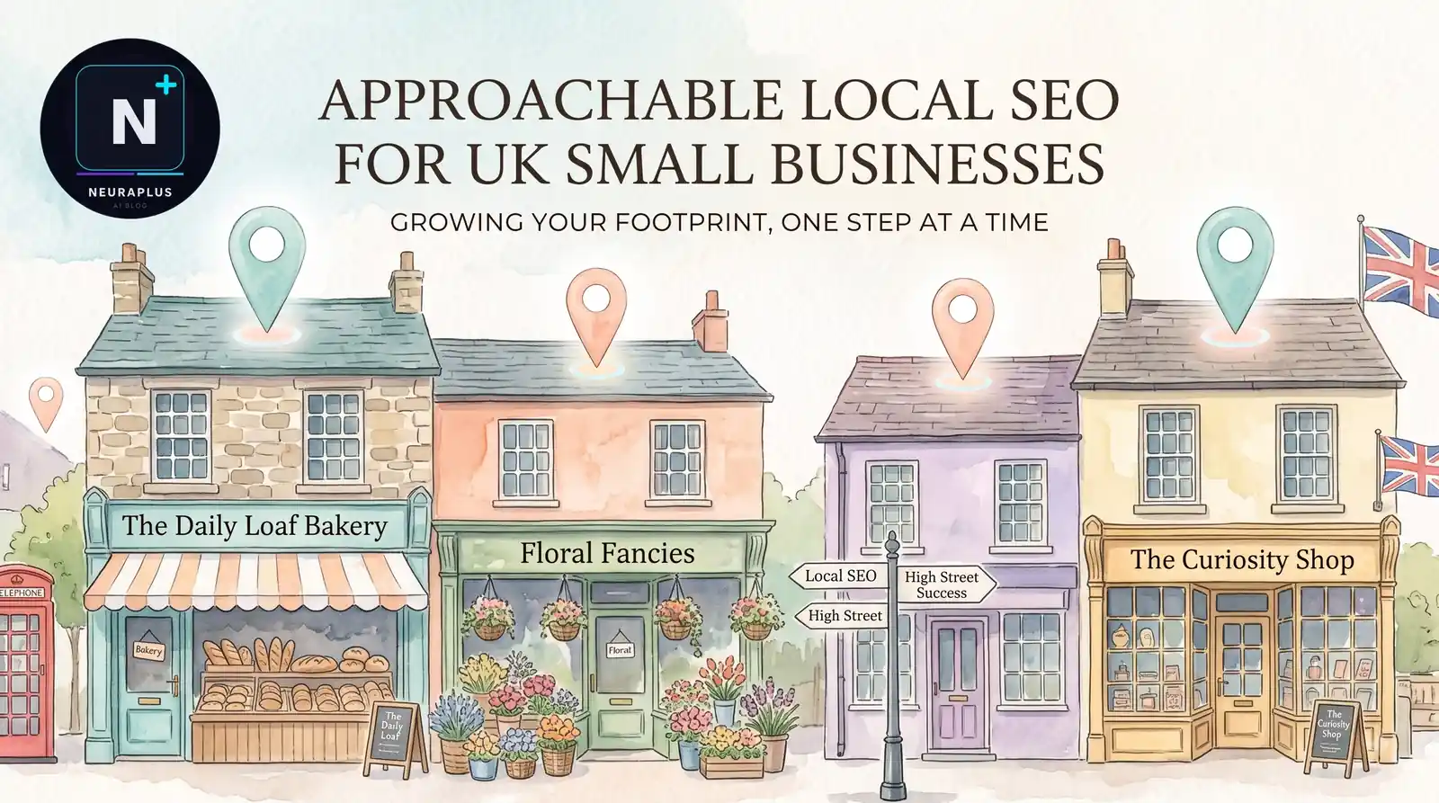 UK map showing local SEO optimization with business locations and growth charts