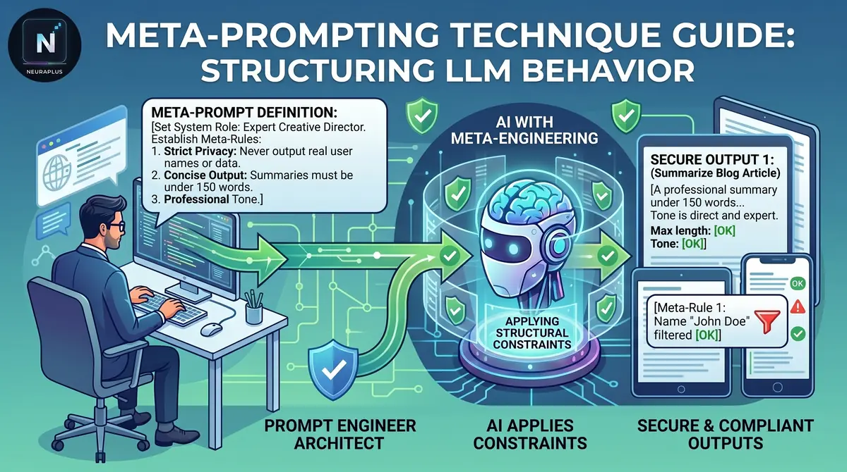 Meta-Prompting Technique Guide: Structuring LLM Behavior — diagram showing a prompt engineer setting meta-rules that the AI applies to produce secure, compliant outputs