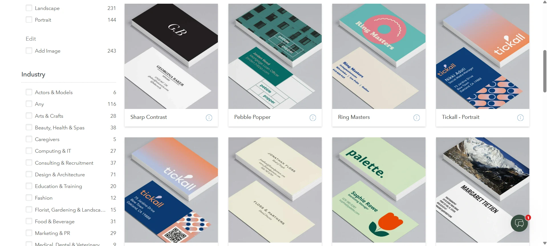 Grid of Moo business card templates in minimalist styles