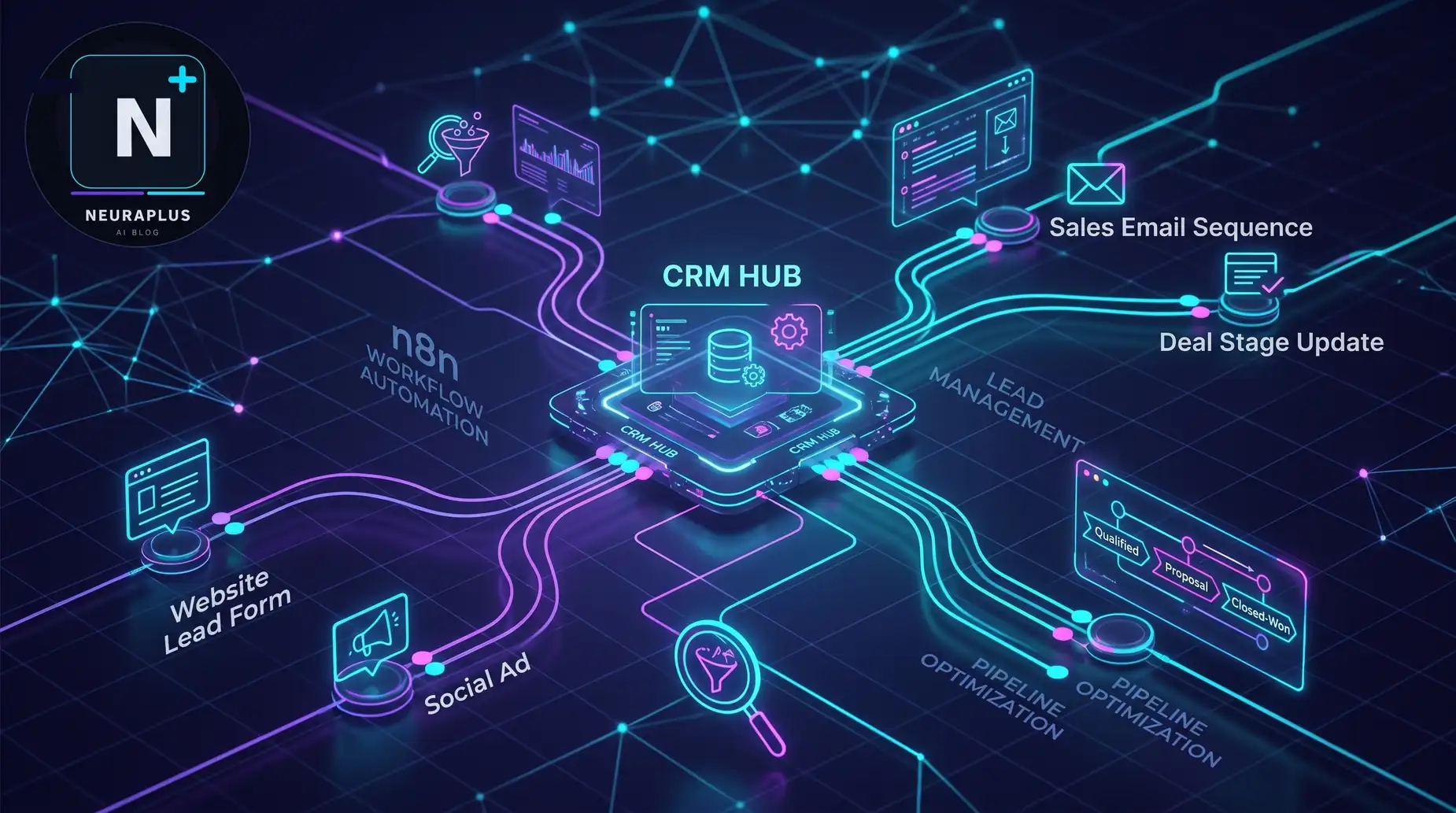 n8n Lead Generation Automation Workflow Tutorial 2026 showing a visual pipeline of lead capture from web forms and ads, flowing through data enrichment nodes, automated lead scoring logic, and routing to CRM systems like HubSpot and Salesforce, with glowing cyan and purple connection lines on dark tech background, NeuraPulse logo