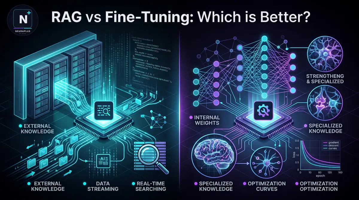 RAG vs Fine-Tuning comparison infographic showing two AI customization approaches side by side on a dark tech background. Left half shows Retrieval-Augmented Generation as a glowing server stack; right half shows Fine-Tuning as a neural network with internal weights and gradient descent curves. NeuraPulse AI Blog header