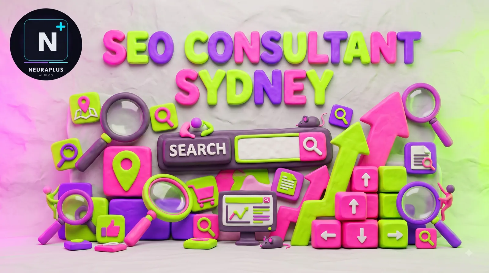 3D claymation-style banner reading SEO Consultant Sydney, featuring colorful search bar, magnifying glass, location pin, and upward trend arrow icons in pink, purple, and green