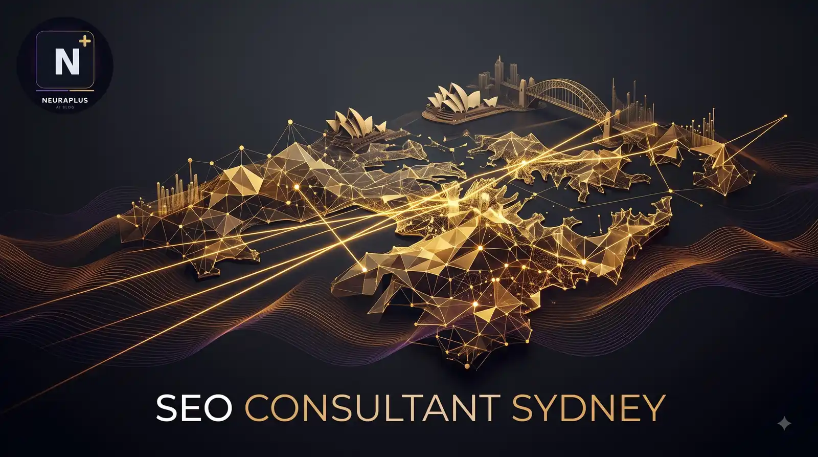 Gold wireframe digital map of Sydney showing the Opera House and Harbour Bridge connected by glowing data network lines, representing SEO consultant services in Sydney