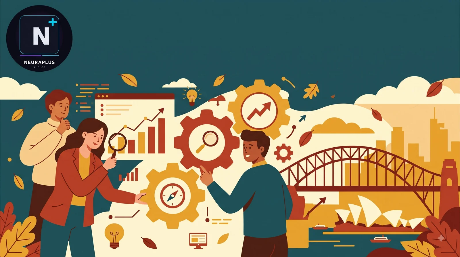 Illustration of two SEO consultants analyzing growth charts and search ranking data with gear icons, set against the Sydney Harbour Bridge and Opera House skyline