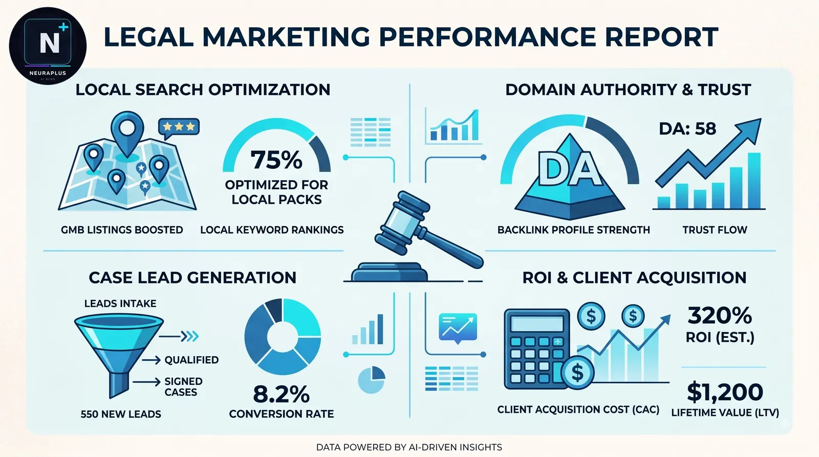 Law firm SEO strategies showing local search optimization and client acquisition funnel