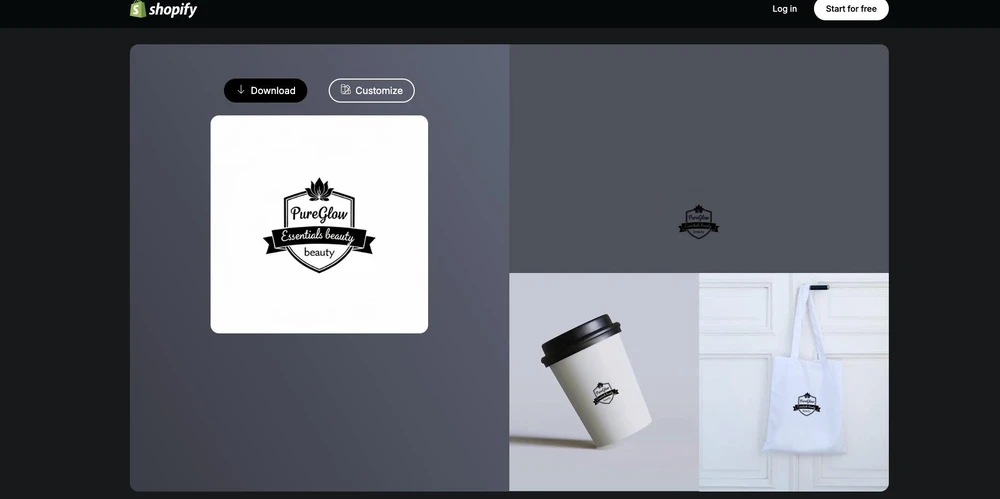 Shopify Logo Maker output showing a PureGlow Essentials badge logo applied to a coffee cup and tote bag mockup