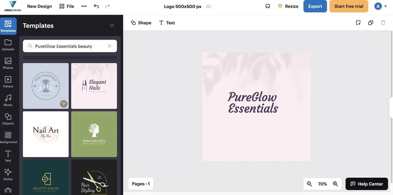 VistaCreate editor showing PureGlow Essentials logo templates for beauty and skincare brands