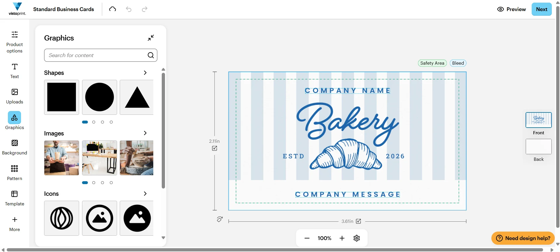 VistaPrint business card editor showing safety and bleed area guides