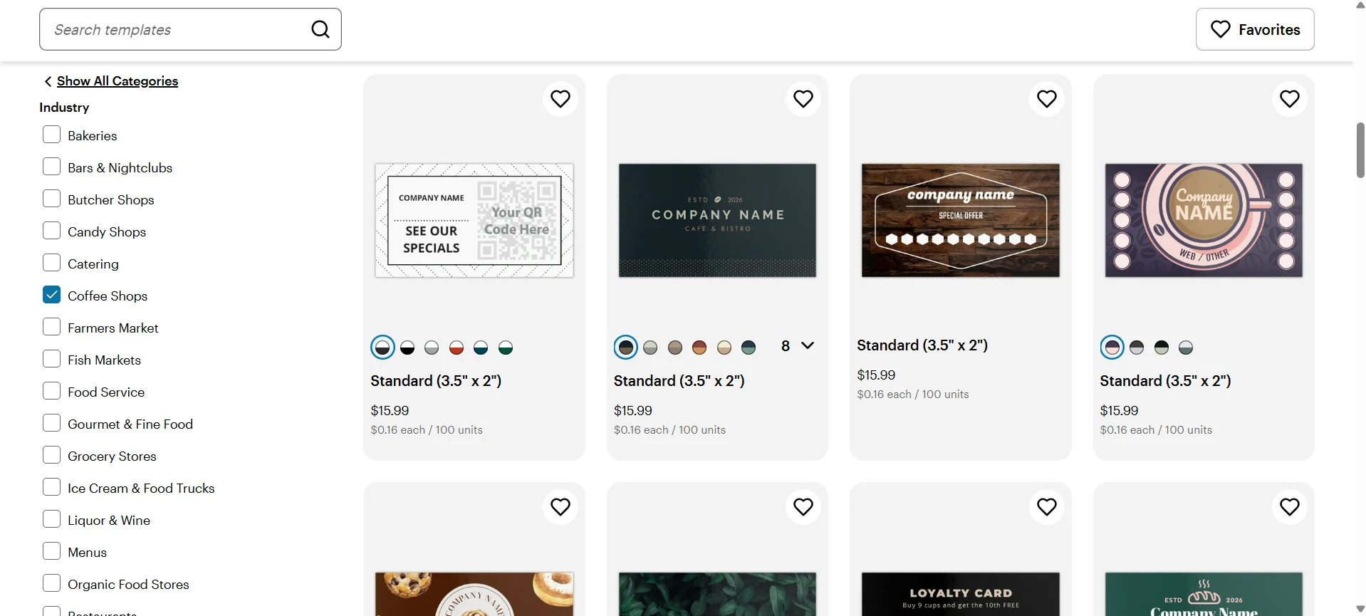 VistaPrint business card template grid with industry filters