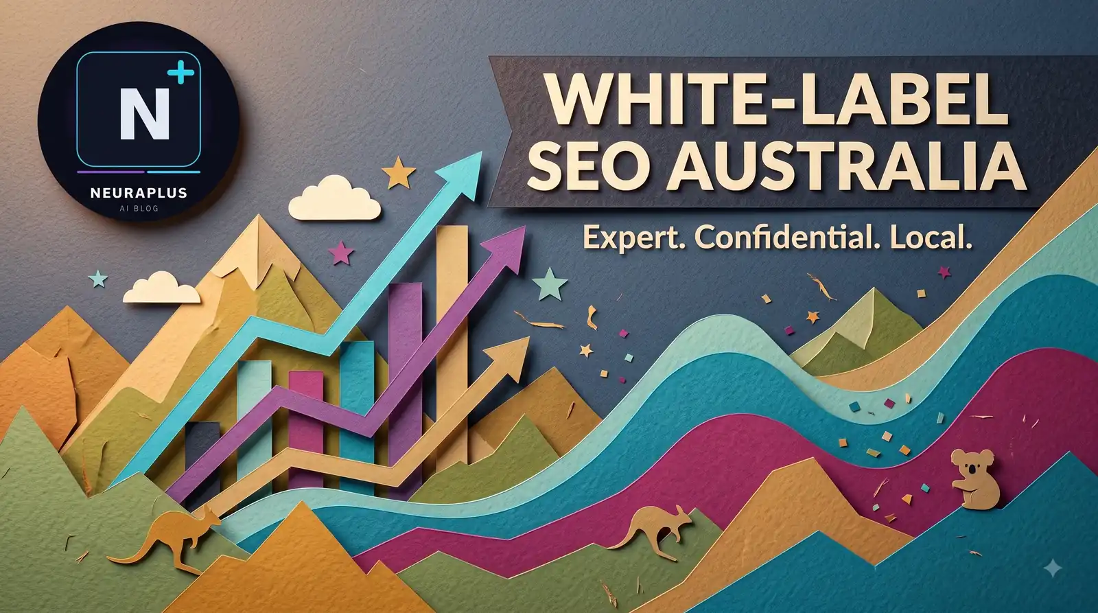 White-Label SEO Australia banner with growth charts, mountains, and a koala and kangaroo representing local business SEO delivery