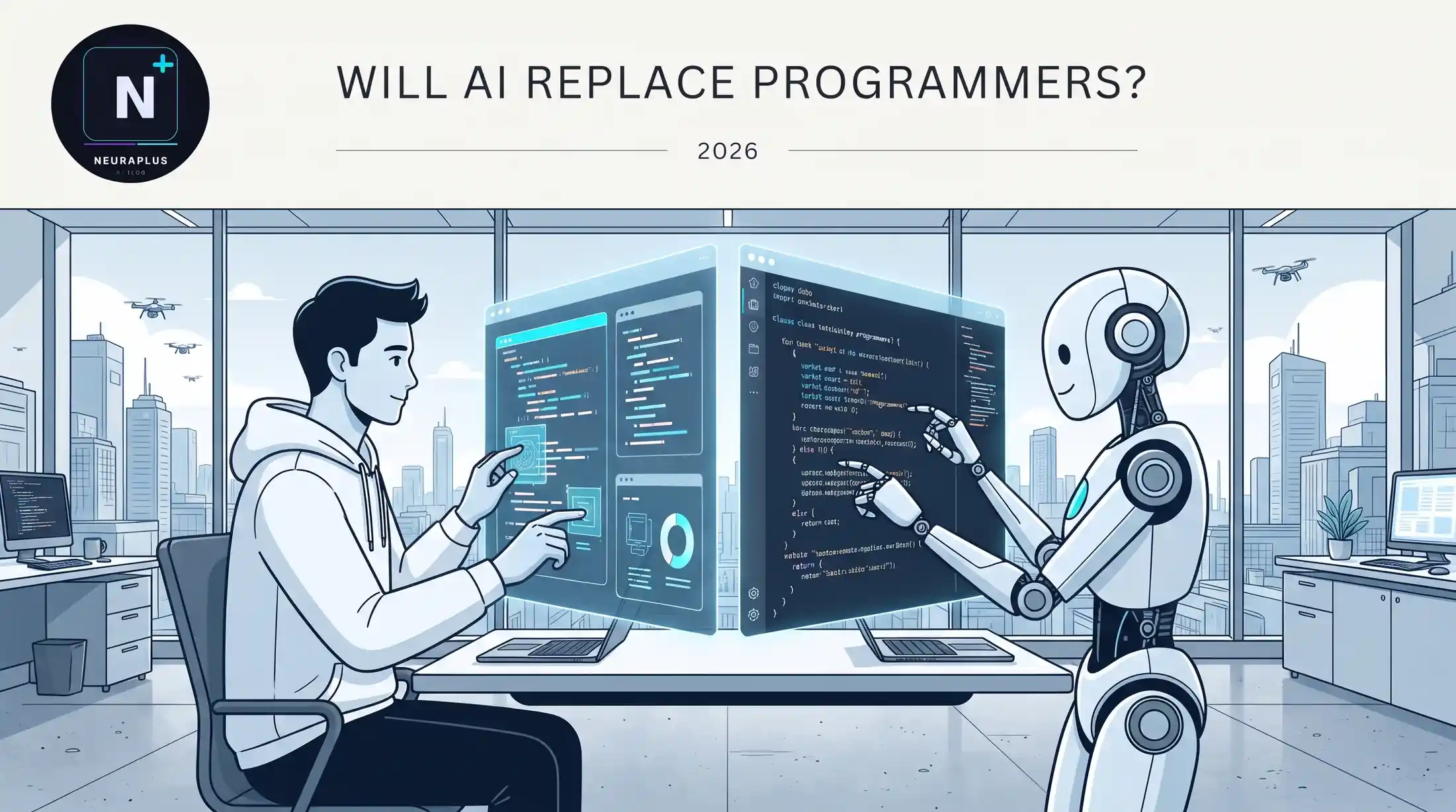 Software developer collaborating with AI coding assistant representing the future of programming jobs in 2026
