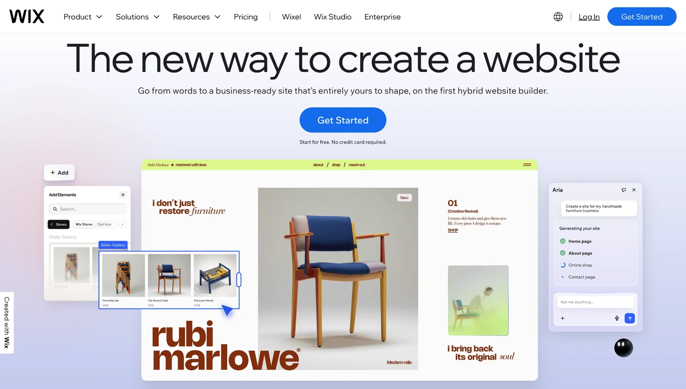 Wix website builder homepage with AI site generation panel